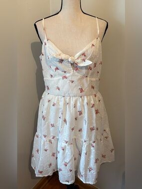 White & Pink Floral Tie Front Spaghetti Strap Dress Lined Zip Up Size Large